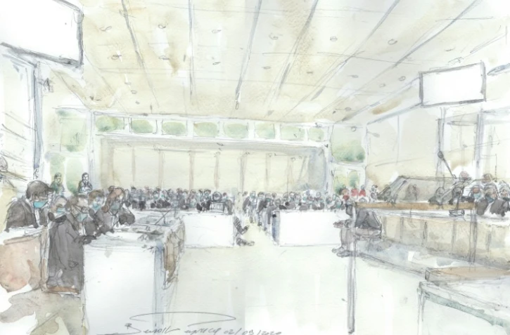 Croquis d'audience du procès Charlie, réalisé le 2 septembre 2020 au palais de justice de Paris