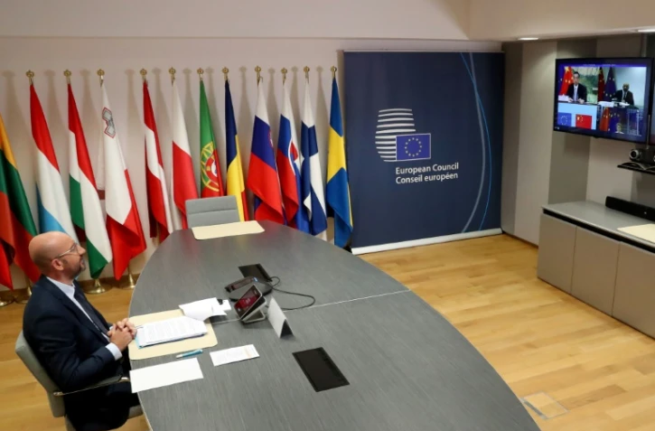 Le président du Conseil européen en visioconférence depuis Bruxelles le 22 juin 2020 pour le sommet UE-Chine