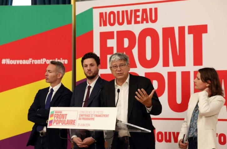 Les représentants du Nouveau Front populaire, de gauche à droite Ian Brossat (PCF), Alexandre Ouizille (PS), Eric Coquerel (LFI) et Eva Sas (EELV), le 21 juin 2024 à Paris