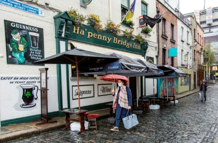 Un pub fermé dans une rue presque déserte de Dublin, le 19 octobre 2020 en Irlande