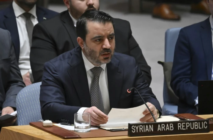 Le chef de la diplomatie syrienne Assaad al-Chaibani lors d'une réunion du Conseil de sécurité des Nations unies sur le Moyen-Orient à New York, le 25 avril 2025