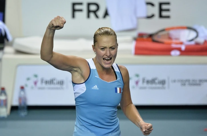 Kristina Mladenovic après avoir battu la Belge Elise Mertens en Fed Cup à Mouilleron-le-Captif, le 11 février 2018
