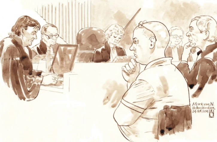 Croquis d'audience fait le 24 octobre 2014 de Mark van Nierop devant un tribunal à Amsterdam
