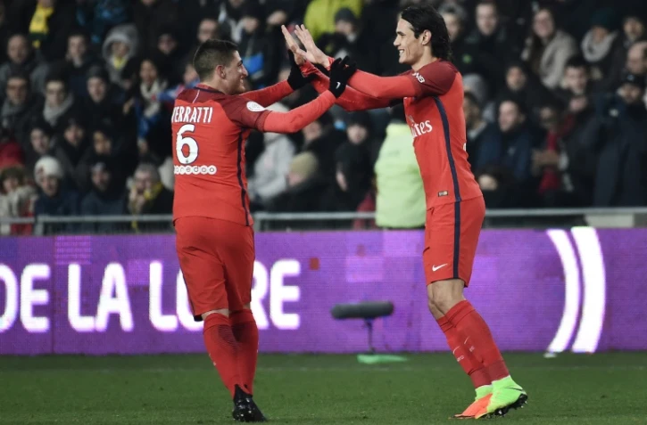 Les Parisiens Edinson Cavani et Marco Verratti, lors d'un match de Ligue 1 à Nantes, le 21 janvier 2017