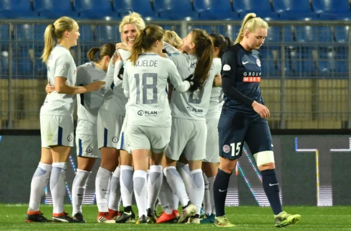 Les joueuses de Chelsea réagissent après avoir marqué un but en quart de finale aller de Ligue des champions, à Montpellier, le 21 mars 2018