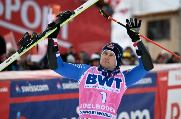 Alexis Pinturault lors de la cérémonie du slalom géant d'Adelboden, le 8 janvier 2022 
