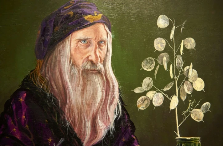 Détail d'une peinture du professeur Dumbledore dans l'exposition "Harry Potter: A History of Magic", à Londres le 18 octobre 2017