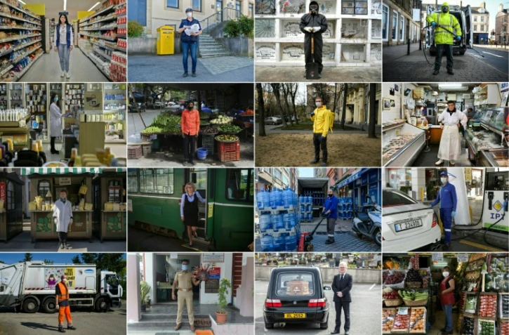Photomontage réalisé le 26 avril 2020 montrant ceux qui font vivre le monde confiné: épiciers, éboueurs, livreurs, femmes de ménage, facteurs...