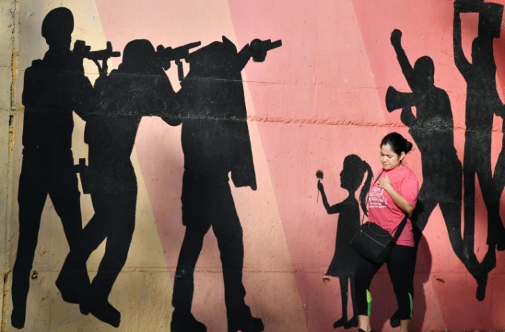 Une femme passe devant une fresque murale représentant des hommes armés visant des manifestants, allusion à la répression policière, dans une avenue de Tegucigalpa, le 27 novembre 2025