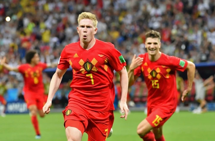 Le milieu de terrain belge Kevin De Bruyne exulte après son but contre le Brésil en quart du mondial, le 6 juillet 2018 à Kazan