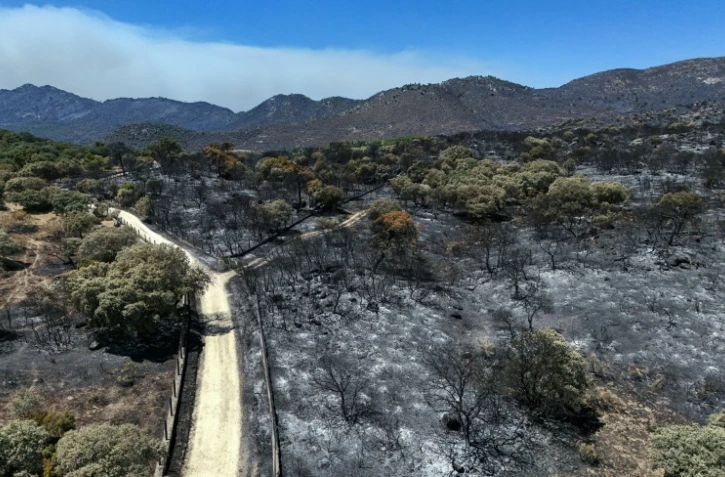 Une vue aérienne du sol calciné dans la région du Camino de Navahonda, à la suite d'un incendie de forêt survenu près de Robledo de Chavela, à 60 kilomètres à l'ouest de Madrid, le 27 juillet 2026 