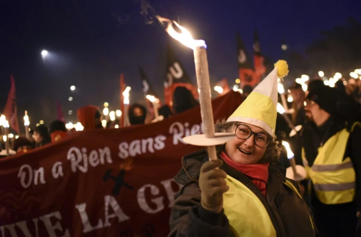 Marche aux flambeaux contre la réforme des retraites, le 15 janvier 2020 à Nantes (France) 