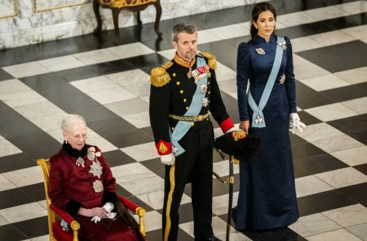 La reine Margrethe II du Danemark, le prince héritier Frederik X et son épouse, la princesse Mary, au palais de Christiansborg, le 3 janvier 2024 à Copenhague