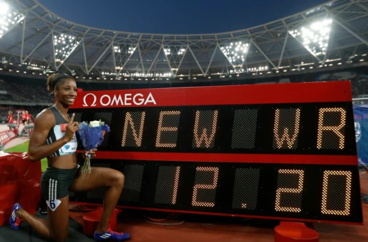 L'Américaine Kendra Harrison après avoir battu le record du monde du 100 m haies en 12.20, le 22 juillet 2016 à Londres