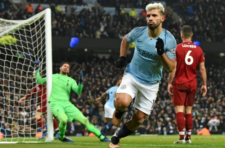 Sergio Aguero a marqué le premier but de la victoire de Manchester City devant le leader Liverpool 2-1, le 3 janvier 2019, à l'Etihad Stadium de Manchester
