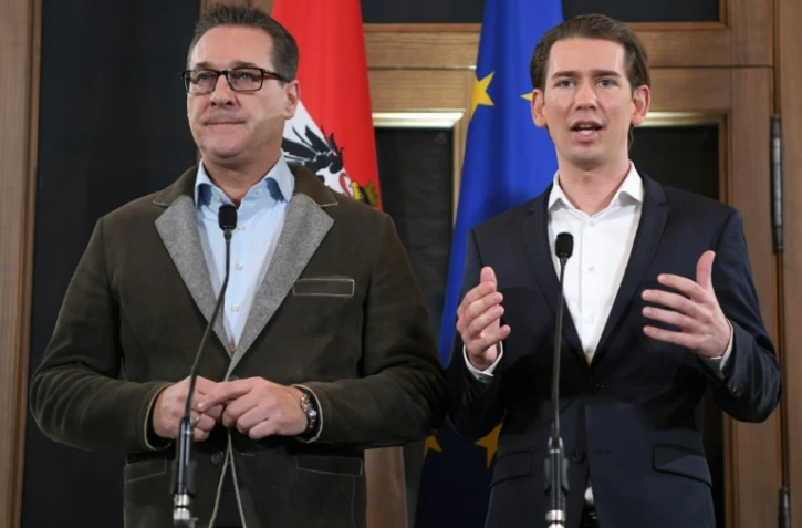 Le prĂ©sident du Parti de la libertĂ© d'Autriche (FPĂ), Heinz-Christian Strache et le conservateur Sebastian Kurz (D) donnent une confĂ©rence de presse Ă Vienne le 15 dĂ©cembre 2017