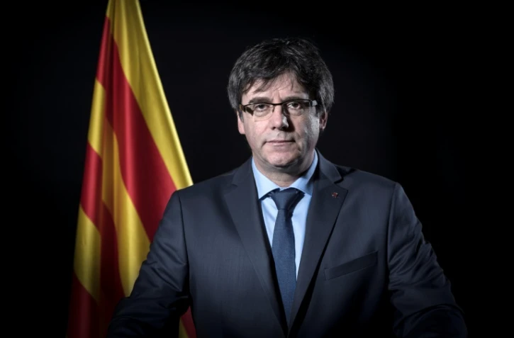 Carles Puigdemont devant un drapeau de Catalogne le 7 février 2018 à Bruxelles
