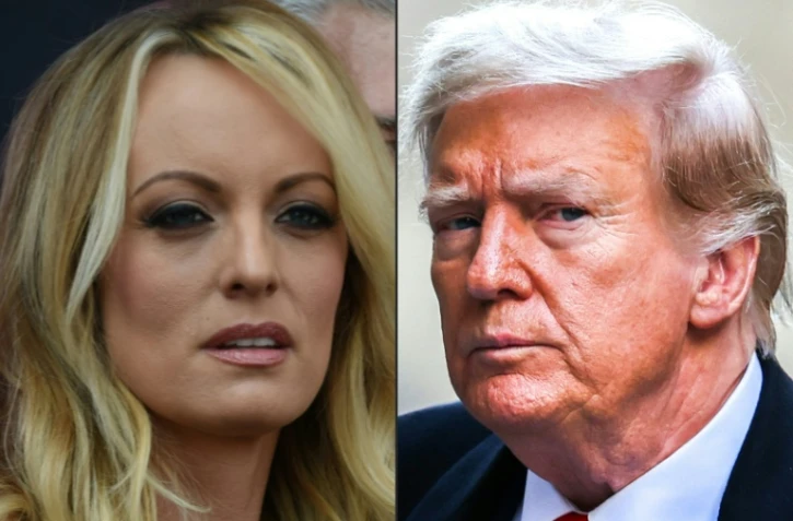 Montage photo créé le 12 avril 2024 montrant la star de films X Stormy Daniels à Hollywood, en Californie et l'ancien président des Etats-Unis Donald Trump à New York, le 25 mars 2024
