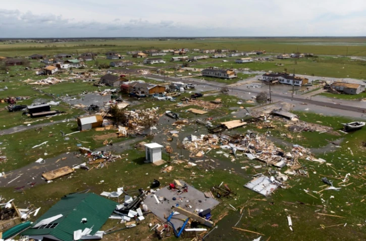 Vue aérienne des dégâts causés par l'ouragan Laura, le 27 août 2020 à Lake Charles, en Louisiane