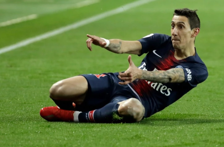 Le milieu du PSG Angel di Maria exulte après avoir inscrit un but contre l'OM en L1, le 17 mars 2019 au Parc des Princes