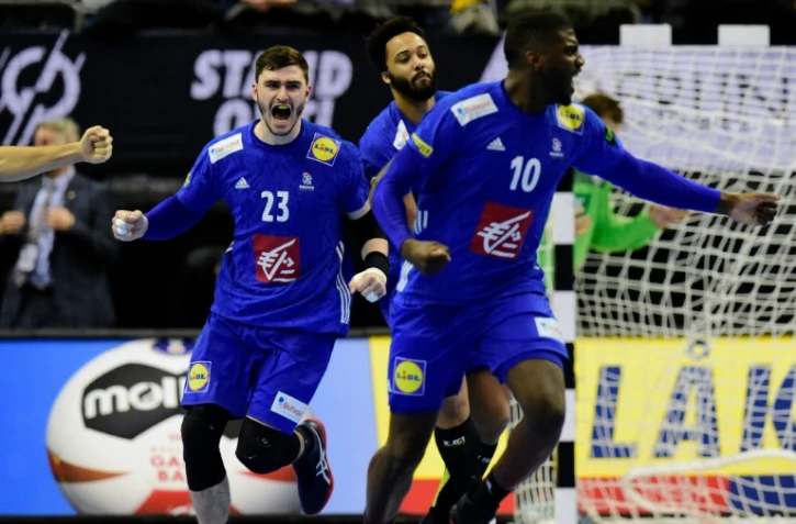 Les Bleus fêtent le but égalisateur lors du match nul 25-25 face à l'Allemagne lors du Mondial à Berlin le 15 janvier 2019