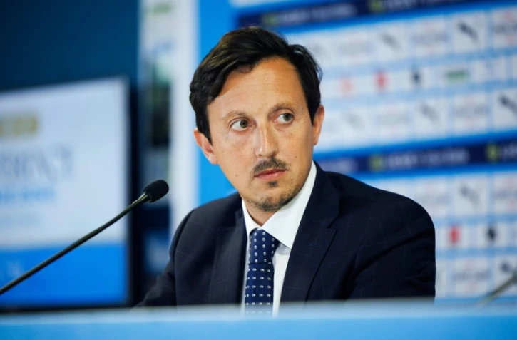 Le président marseillais Pablo Longoria en conférence de presse le 4 août 2023 au Stade Vélodrome