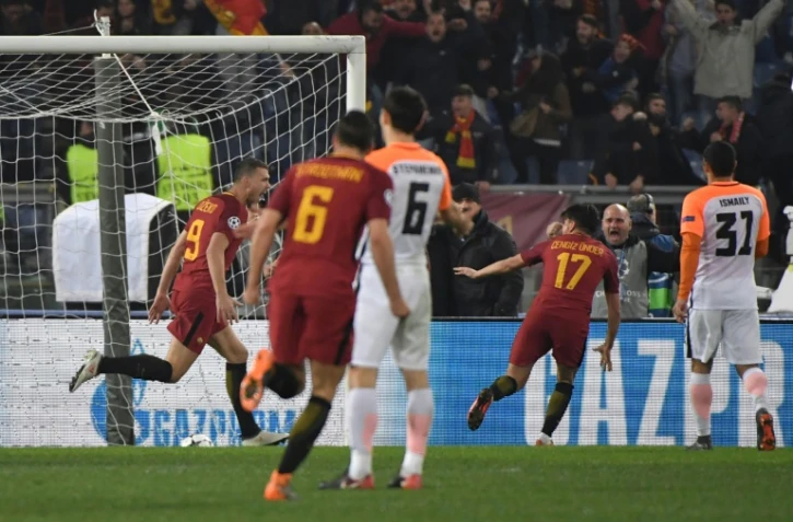 L'attaquant bosnien Edin Dzeko et ses coéquipiers exultent après son but pour l'AS Rome face au Shakhtar Donetsk, le 13 mars 2018 au stade olympique