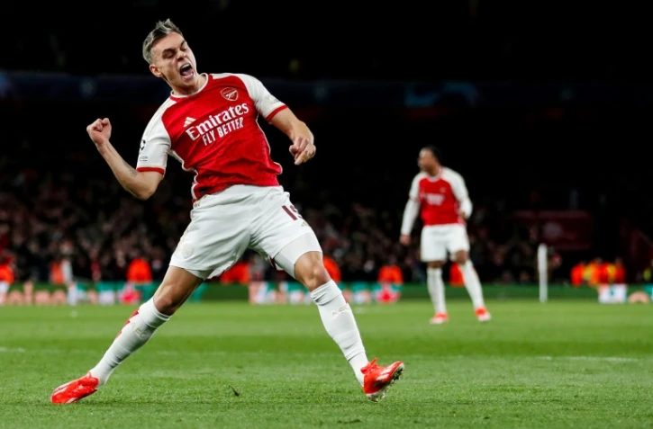 La joie de Leandro Trossard, auteur de l'égalisation pour Arsenal face au Bayern Munich, en quart de finale aller de la Ligue des champions, le 9 avril 2024 à Londres
