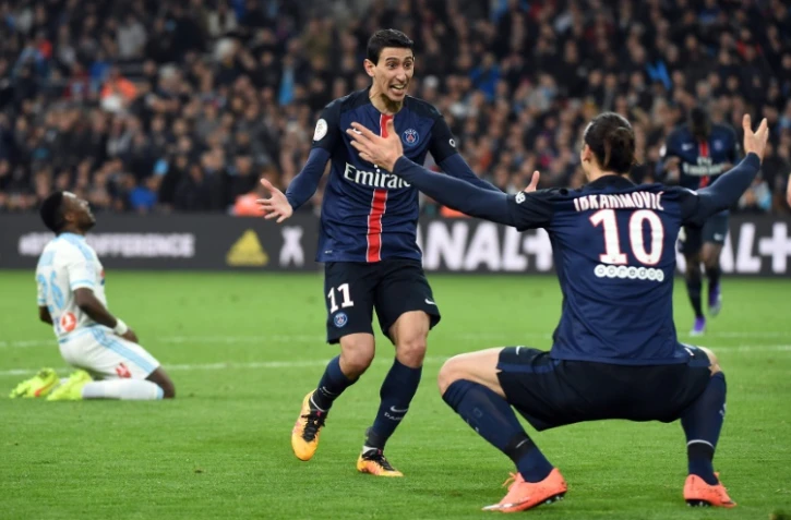 Les deux buteurs du PSG face à Marseille, Zlatan Ibrahimovic et Angel di Maria au Vélodrome, le 7 février 2016