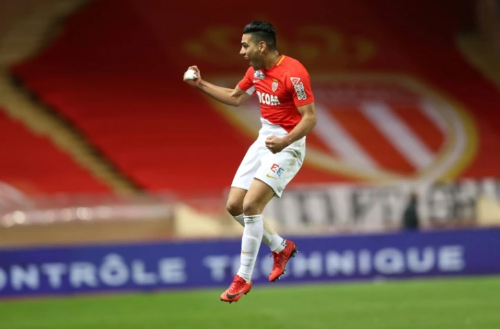 La joie de l'attaquant colombien de Monaco Falcao après son lob somptueux face à Caen en Coupe de le Ligue, le 12 décembre 2017 à Louis-II