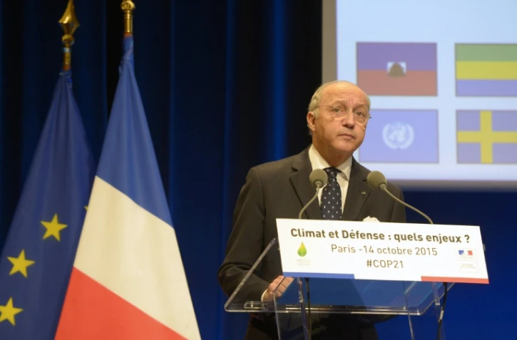 Le ministre français des Affaires étrangères Laurent Fabius à l'ouverture de la confrence "Climat et Défense" le 14 octobre 2015 à Paris 