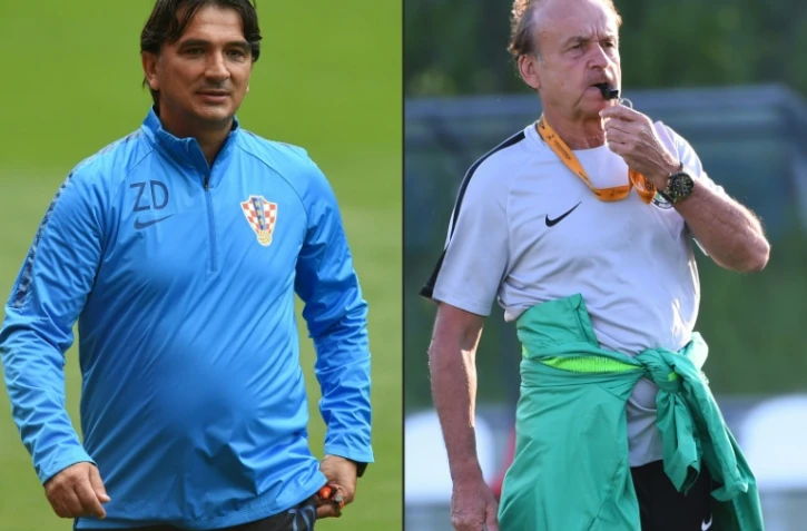 Combophoto datant du 14 juin 2018 représentant les entraîneurs de la Croatie Zlatko Dalic (g) et du Nigeria Gernot Rohr 