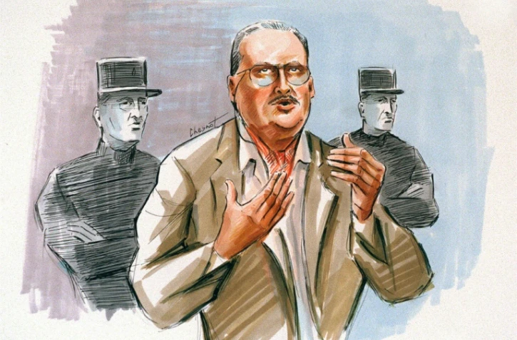 Croquis d'audience du terroriste international Carlos Ilich Ramirez Sanchez, le 12 décembre 1997 au palais de justice de Paris