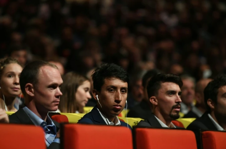 (g à d) Chris Froome, Egan Bernal et Julian Alaphilippe lors de la présentation officielle du Tour de France, le 15 octobre 2019 à Paris 