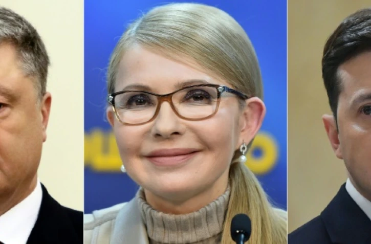 Les trois candidats à la présidentielle en Ukraine, le président Petro Poroshenko, l'ex-Première ministre Ioulia Timochenko et le comédien Volodymyr Zelensky dans un photomontage réalisé à Paris le 27 mars 2019
