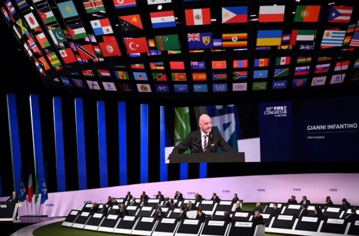 Le président de la Fifa Gianni Infantino fait une allocution à l'ouverture du 69e Congrès de la Fifa, le 5 juin 2019 à Paris 