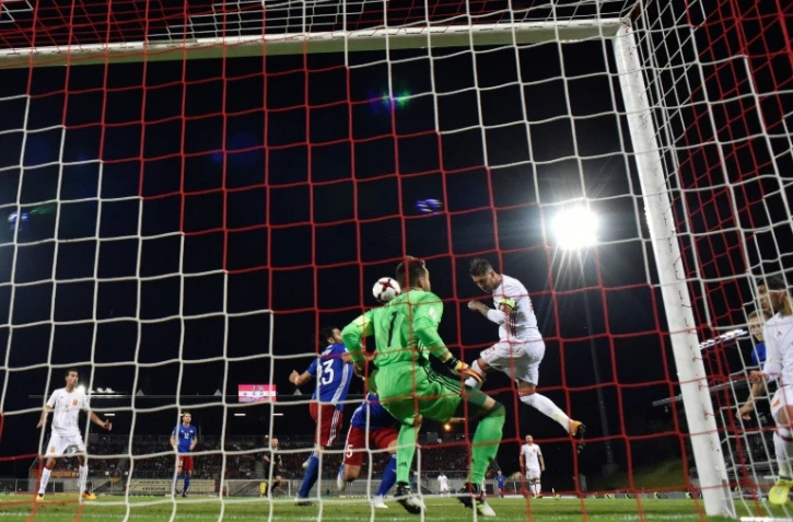 Le capitaine Sergio Ramos ouvre le score pour l'Espagne face au Liechtenstein, le 5 septembre 2017 à Vaduz