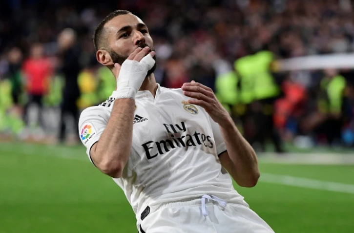 L'attaquant du Real Madrid Karim Benzema buteur lors de la victoire du Real Madrid 3-2 sur Huesca en 29e journée du championnat d'Espagne le 31 mars 2019