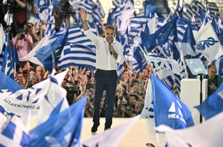 L'ex-Premier ministre grec et chef du parti Nouvelle-Démocratie, Kyriakos Mitsotakis, lors de son dernier discours pré-électoral, à Athènes, le 23 juin 2023