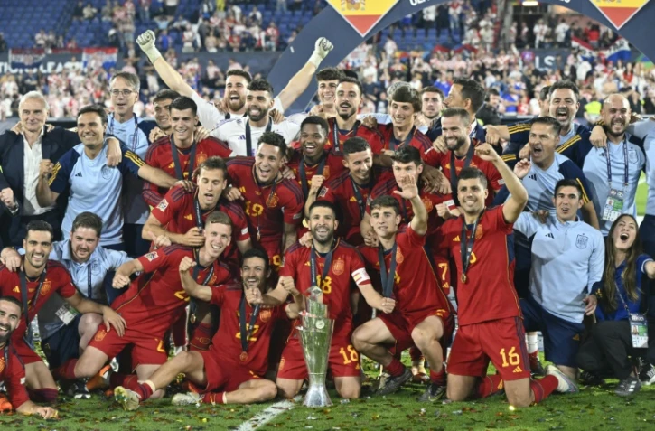 L'équipe d'Espagne victorieuse de la Croatie en finale de la Ligue des nation, le 18 juin à Rotterdam