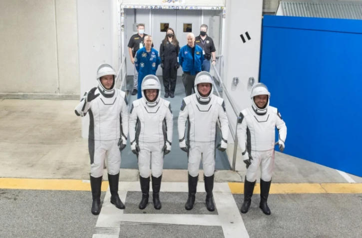 Photo handout de la Nasa prise le 18 avril 2021. Thomas Pesquet, Megan McArthur, Shane Kimbrough et Akihiko Hoshide
