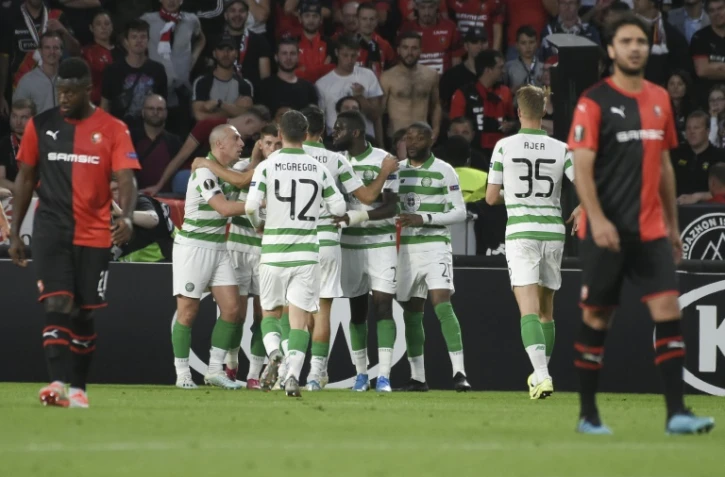 Les joueurs du Celtic se congratulent après leur égalisation sur penalty face à Rennes, en Ligue Europa, le 19 septembre 2019 au Roazhon Park