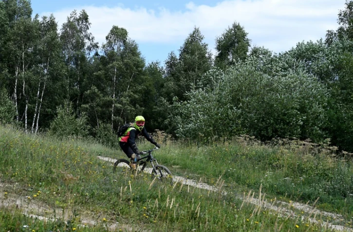 Un cycliste pratique le VTT alpin, le 31 juillet 2017 sur une piste des Deux-Alpes, dans l'Isère