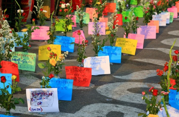 Manifestation contre le coup d'Etat en Birmanie, Ă Rangoun le 25 mars 2021.