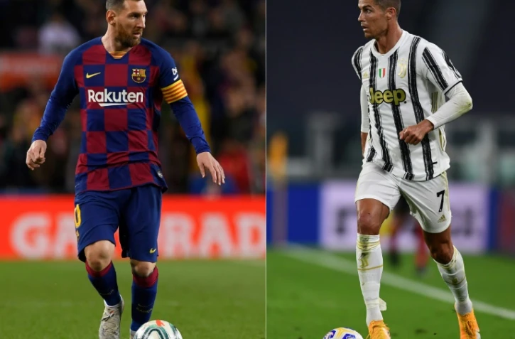 L'attaquant argentin de Barcelone, Lionel Messi, au Camp Nou, le 9 novembre 2019, et l'attaquant portugais de la Juventus, Cristiano Ronaldo, à Turin, le 20 septembre 2020