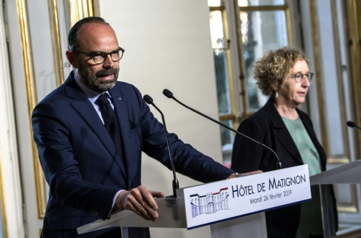 Édouard Philippe et Muriel Pénaicaud lors de la conférence de presse le mardi 26 février à l'hôtel Matignon à Paris