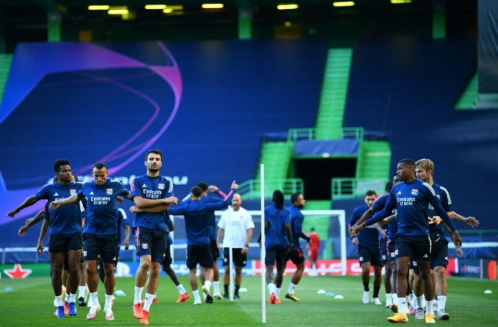 Les joueurs lyonnais lors d'une séance d'entraînement de veille de match au stade Jose Alvalade de Lisbonne, le 14 août 2020