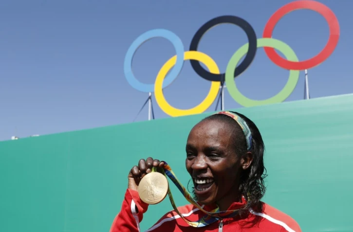 La Kényane Jemima Jelagat Sumgong médaillée d'or du marathon aux Jeux de Rio, le 14 août 2016