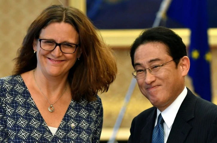 La commissaire européenne au Commerce, Cecilia Malmström et le chef de la diplomatie japonaise Fumio Kishida, le 30 juin 2017 à Tokyo
