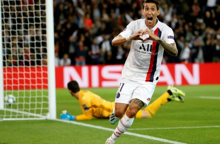 L'ailier argentin du PSG Angel Di Maria exulte après le premier de ses deux buts contre le Real Madrid, le 18 septembre 2019 au Parc des Princes